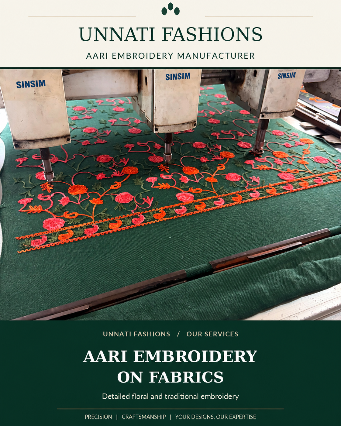 Unnati Fashions service poster: AARI WORK EMBROIDERY on fabrics. Embroidery machines stitching colourful floral motifs on green fabric.