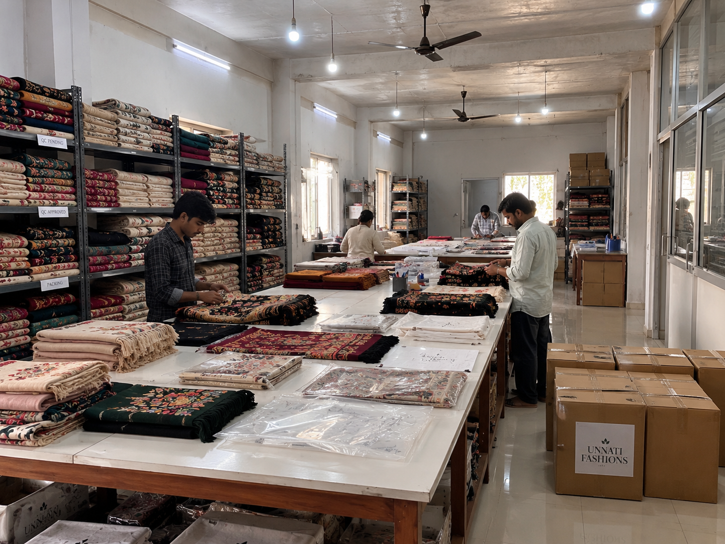 Team checking and packing embroidered shawls, with organised fabric shelves and Unnati Fashions boxes.